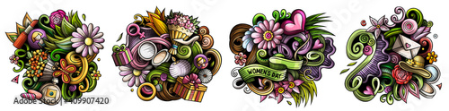 Happy Womens Day cartoon vector doodle designs set.