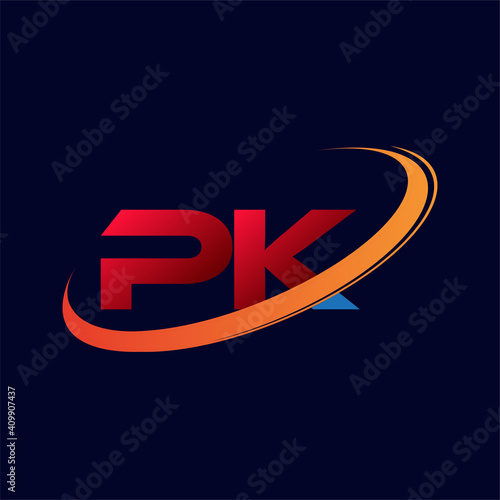 initial letter PK logotype company name colored red and orange swoosh design. isolated on dark background.