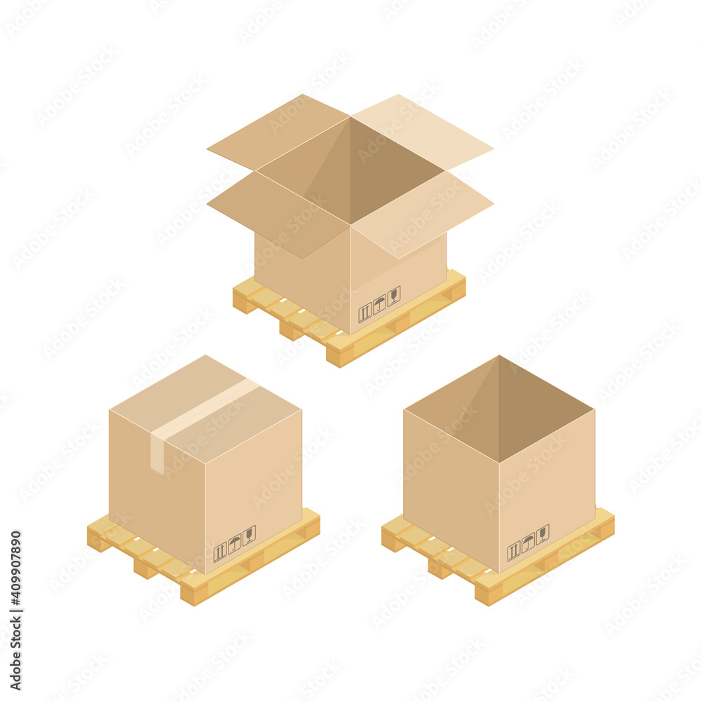 Fototapeta premium Isometric Cardboard Boxes On Wooden Pallet. Warehouse parts boxes on wood tray. Cargo box. Illustration in flat design isolated on white background.