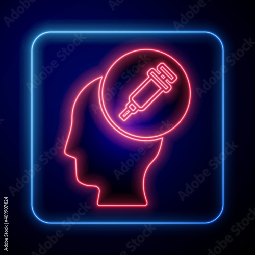 Glowing neon Addiction to the drug icon isolated on blue background. Heroin, narcotic, addiction, illegal. Sick junkie with a syringe and medical pills. Vector.