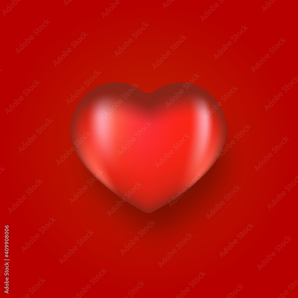Vector 3d realistic glossy heart icon with soft shadow isolated on red classic background. Love icon or sign on red