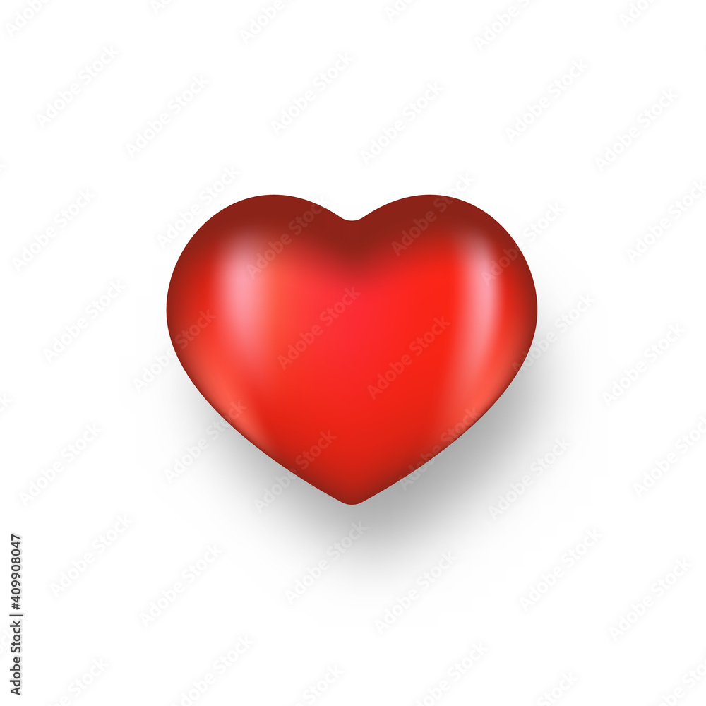 Vector 3d realistic glossy heart icon with soft shadow isolated on white background. Love icon or sign on red Vector 3d realistic glossy heart icon with soft shadow isolated on white background. Love icon or sign on red