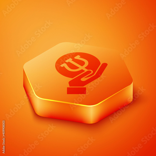 Isometric Psychology icon isolated on orange background. Psi symbol. Mental health concept, psychoanalysis analysis and psychotherapy. Orange hexagon button. Vector.