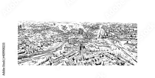 Building view with landmark of Nizhny Novgorod is the
city in Russia. Hand drawn sketch illustration in vector.