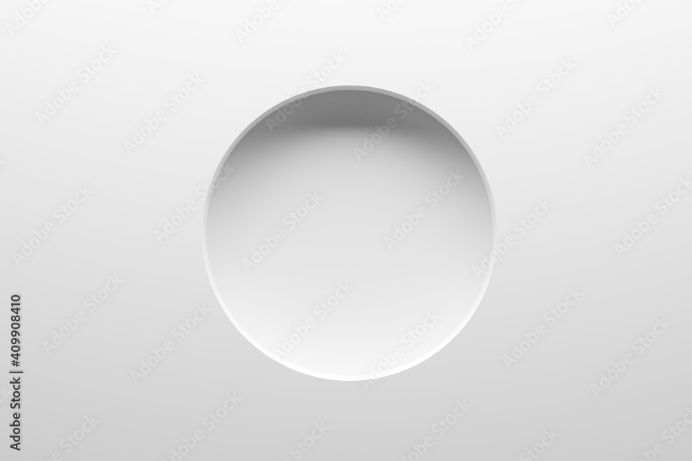 Empty modern abstract white room wall with round blank niche or recess, product presentation template background Empty modern abstract white room wall with round blank niche or recess, product presentation template background