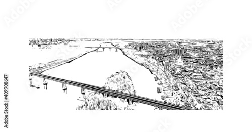 Building view with landmark of Nizhny Novgorod is the
city in Russia. Hand drawn sketch illustration in vector.