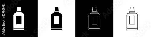 Set Plastic bottle for laundry detergent, bleach, dishwashing liquid or another cleaning agent icon isolated on black and white background. Vector.