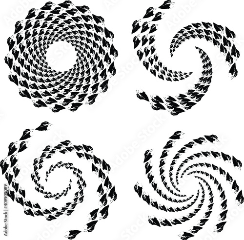 Set of abstract black halftone dots.Black halftone dots in vortex form. Geometric art. Trendy design element.Circular and radial lines volute, helix.Segmented circle with rotation