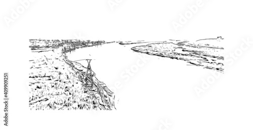 Building view with landmark of Nizhny Novgorod is the
city in Russia. Hand drawn sketch illustration in vector.