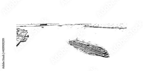 Building view with landmark of Nizhny Novgorod is the
city in Russia. Hand drawn sketch illustration in vector.