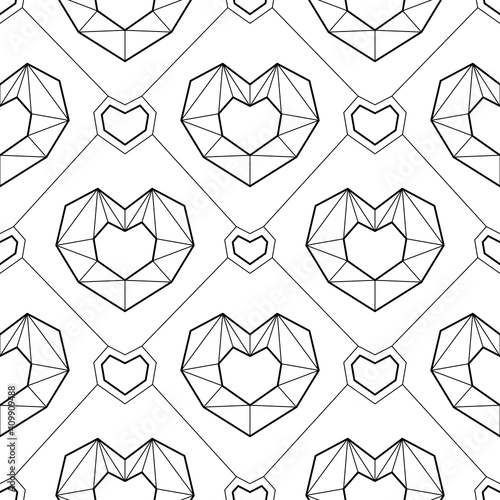 Vector illustration monochrome seamless pattern geometric line hearts to Valentine's Day, wedding. Black and white texture. For invitation, save the date, greeting card, wrapping paper, textile