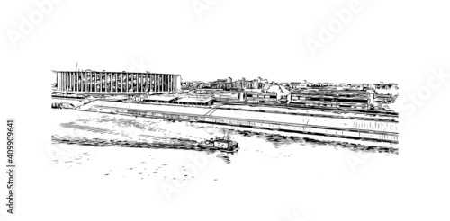Building view with landmark of Nizhny Novgorod is the
city in Russia. Hand drawn sketch illustration in vector.