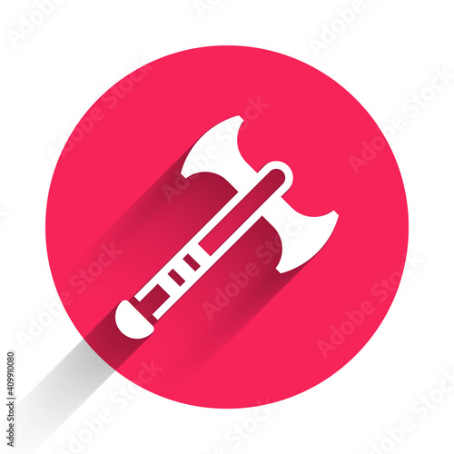 White War axe icon isolated with long shadow. Battle axe, executioner axe. Medieval weapon. Red circle button. Vector.