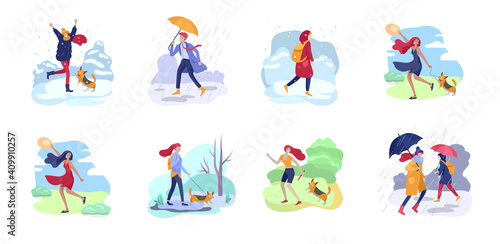 People character in various weather conditions. Man and woman in seasonal clothes and enjoys walking on street in rain, snowfall, summer heat. Colorful vector cartoon © merfin