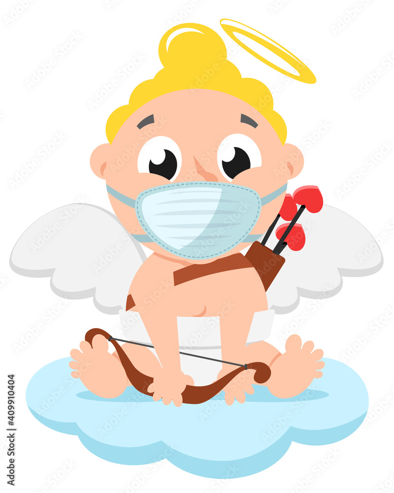 Cupid in a medical mask with a bow sits on a cloud. Character, Valentines Day
