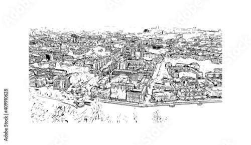 Building view with landmark of Nizhny Novgorod is the
city in Russia. Hand drawn sketch illustration in vector.