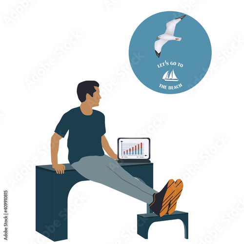 Freelancer, businessman dreams of a vacation at sea - vector. Travel planning.