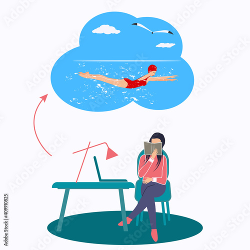 Woman, freelancer, reading a book, workplace. Dream to swim in the sea - vector. Hypothetical vacation. Travel planning.