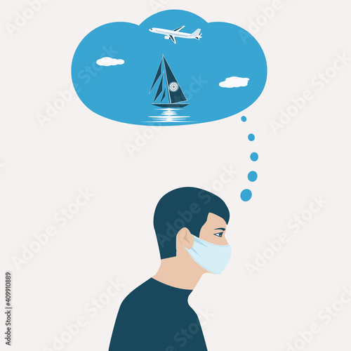 A man, sad, wearing a medical mask. Dream on a plane to fly to the sea, sail on a sailboat - vector. Hypothetical vacation. Travel planning.