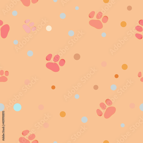 Seamless pattern with cat paws on pastel background. Animal paws. Vector illustration