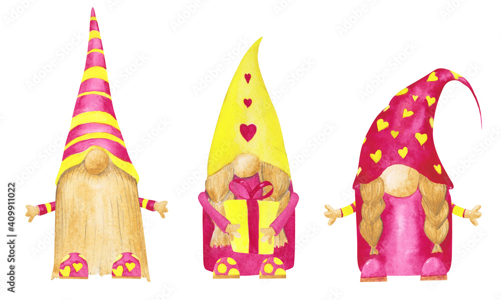 Set of 3  gnomes in cartoon style isolated on a white background. Purple and yellow watercolor Scandinavian gnomes for your design. Funny nordic characters. Cute romantic clipart.