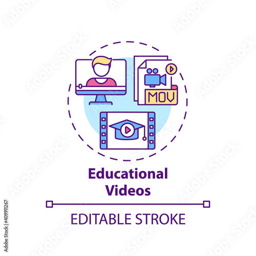 Educational videos concept icon. Online teaching digital resources. Teaching students with visual content idea thin line illustration. Vector isolated outline RGB color drawing. Editable stroke