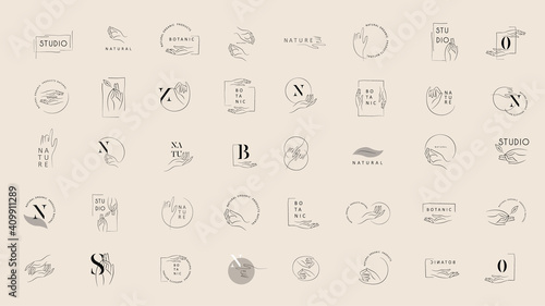Logo design template in trendy linear minimal style. Vector abstract hands. Abstract symbol for organic products, beauty cosmetics, jewellery and hand crafted.