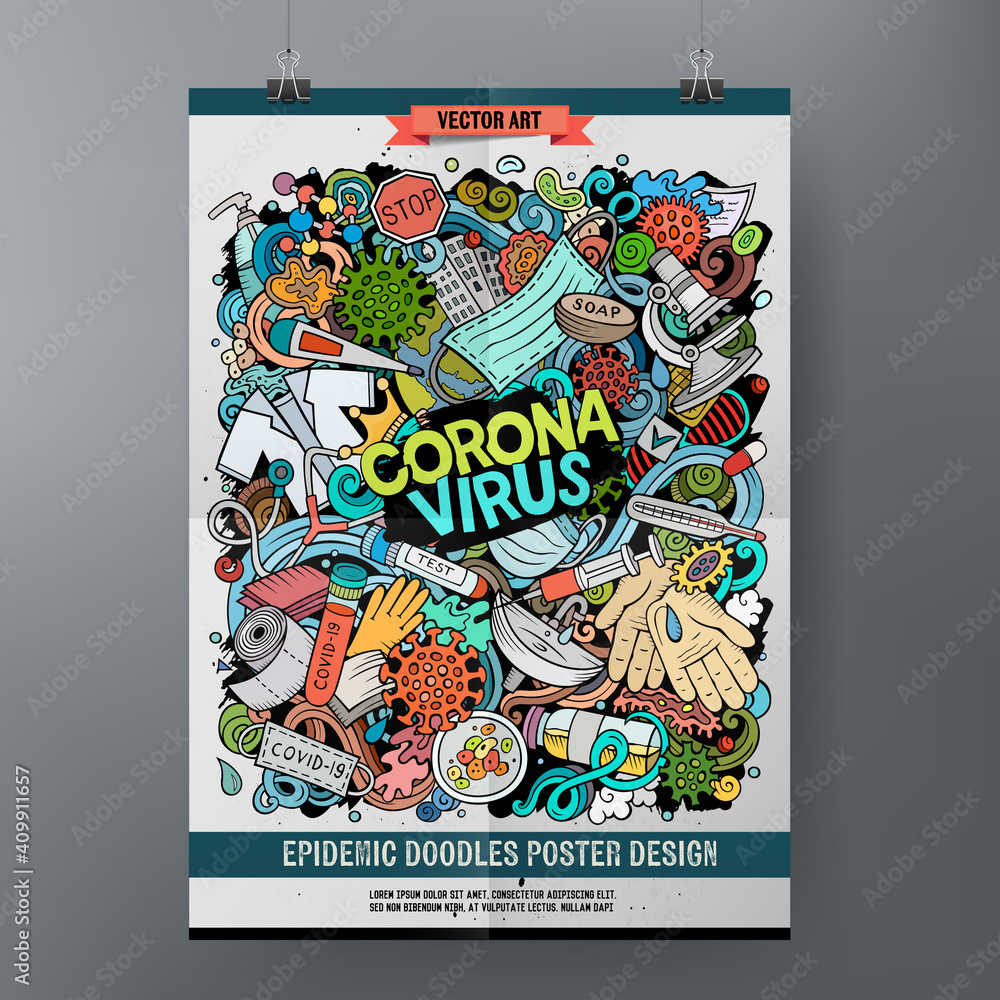 Obraz premium Cartoon colorful hand drawn doodles Coronavirus poster