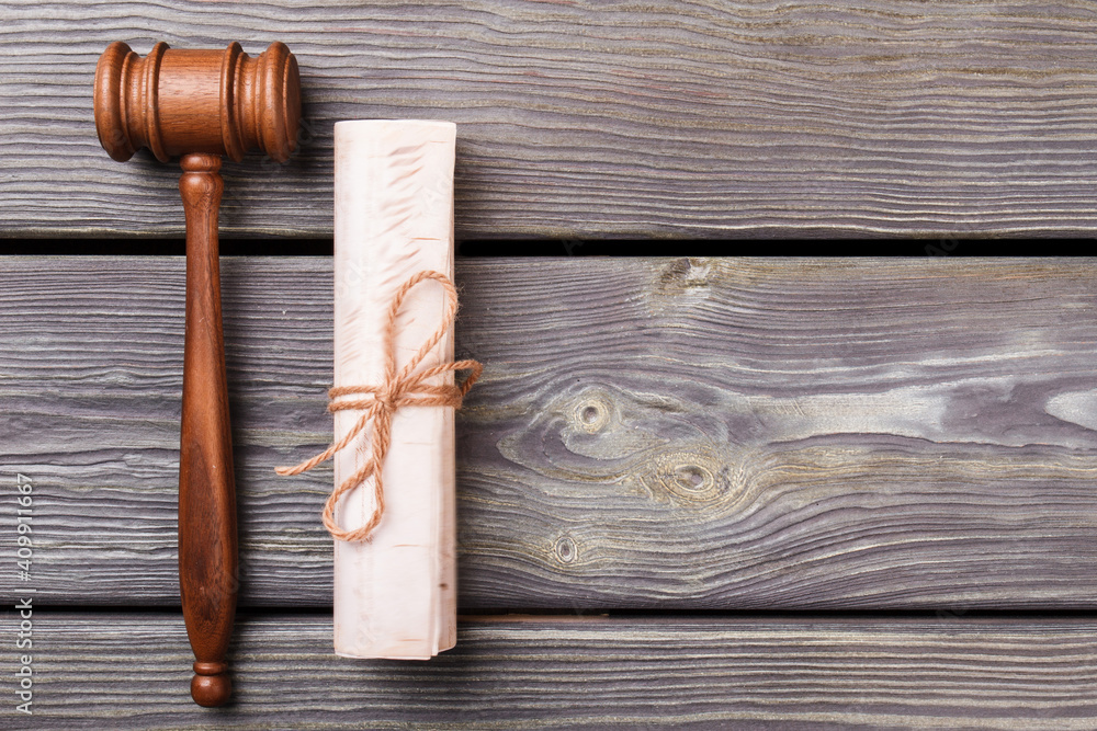 Judge hammer and scroll. Top view flay lay. Judge hammer and scroll. Top view flay lay.