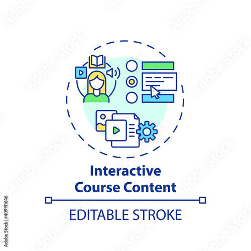 Interactive course content concept icon. Online teaching tips. Education that allows user to impact content idea thin line illustration. Vector isolated outline RGB color drawing. Editable stroke