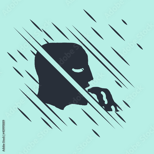 Black Vomiting man icon isolated on green background. Symptom of disease, problem with health. Nausea, food poisoning, alcohol poisoning concept. Glitch style. Vector.