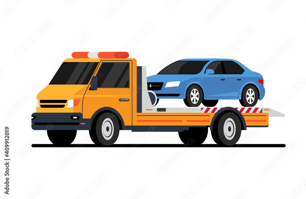 Car tow truck accident roadside assistance. Crash breakdown flatbed blue car recovery tow truck