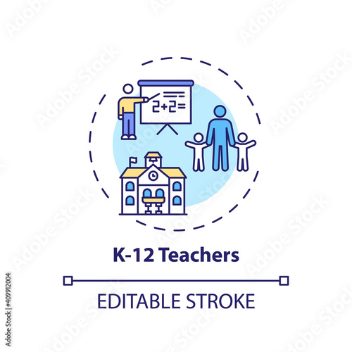 K 12 teachers concept icon. Online teaching jobs types. Teacher educates between kindergarten and twelfth grades idea thin line illustration. Vector isolated outline RGB color drawing. Editable stroke