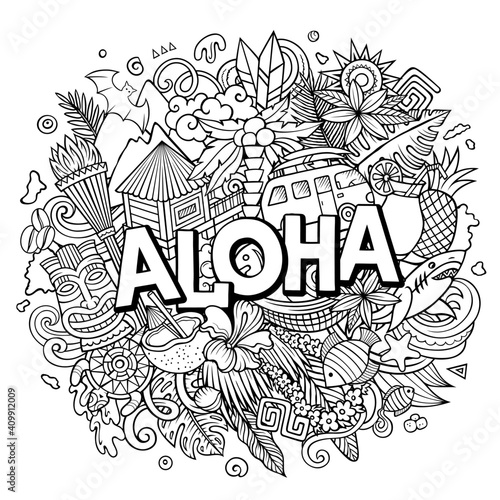 Aloha hand drawn cartoon doodle illustration. Funny Hawaiian design