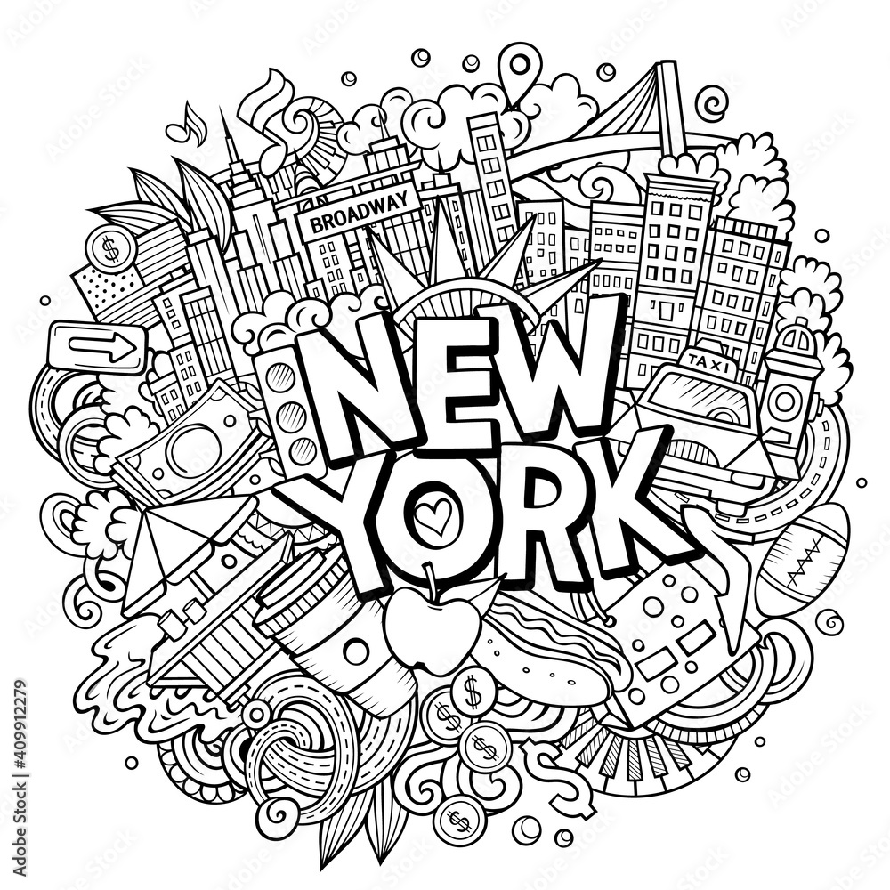 New York hand drawn cartoon doodle illustration. Funny City design.