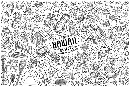 Vector doodle cartoon set of Hawaii objects and symbols