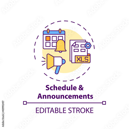 Schedule and announcements concept icon. Online course management system elements. Standart school processes idea thin line illustration. Vector isolated outline RGB color drawing. Editable stroke