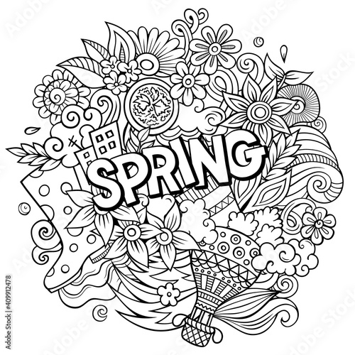 Spring hand drawn cartoon doodles illustration. Funny seasonal design.