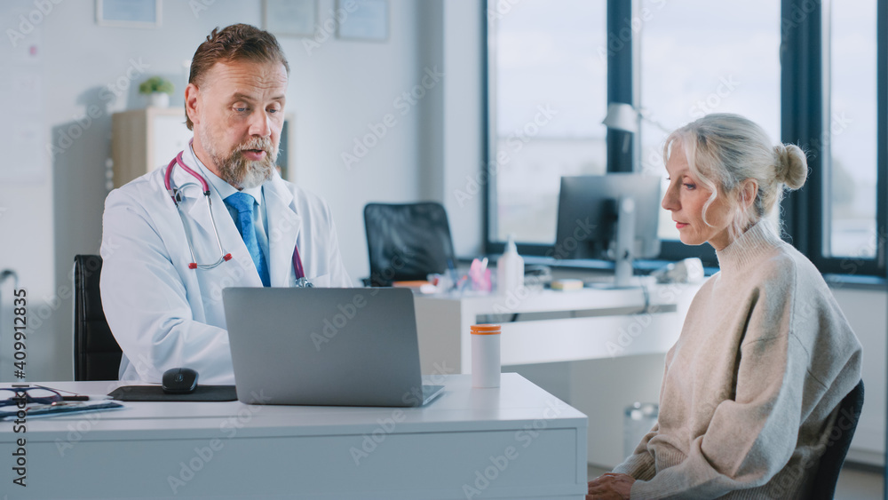 Friendly and Cheerful Family Doctor is Prescribing Tablets and Vitamins to Senior Female Patient During Consultation in a Health Clinic Office. Physician Giving Medical Urine Specimen Container.