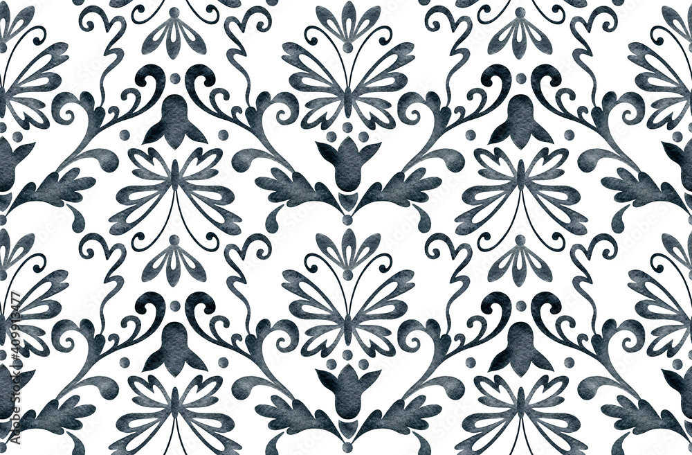 Blue gray damask seamless pattern on a white background. Floral ornament in the antique style. Flowers, butterflies and decorative swirls. Vintage wallpaper and fabric design Blue gray damask seamless pattern on a white background. Floral ornament in the antique style. Flowers, butterflies and decorative swirls. Vintage wallpaper and fabric design