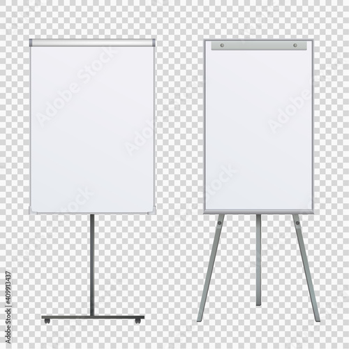 Empty Flip chart blank on tripod over white background. Office Whiteboard For Business Training in office. Isolated Illustration EPS 10. Board Banner Stand 3d rendering for promotional presentation