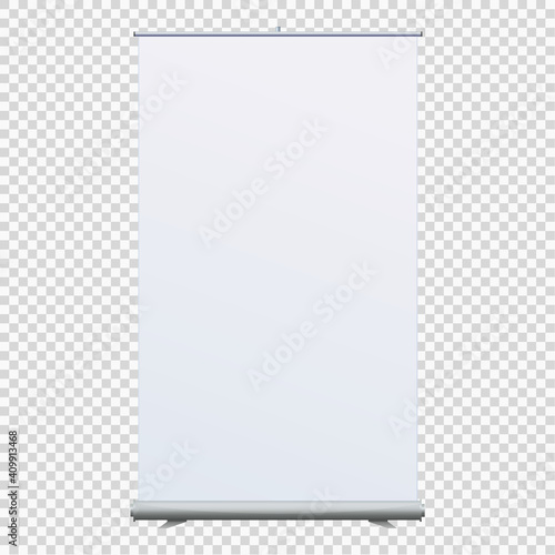 Roll Up Banner Stand on isolated clean background. Design template blank pop up banner display template for designers. Vector illustration EPS 10. Flipchart for training or promotional presentation
