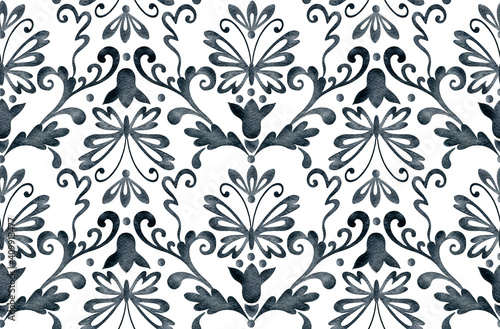 Blue gray damask seamless pattern on a white background. Floral ornament in the antique style. Flowers, butterflies and decorative swirls. Vintage wallpaper and fabric design