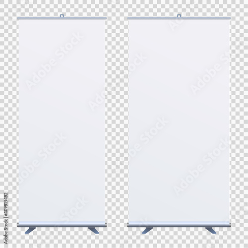 Roll Up Banner Stand on isolated clean background. Design template blank pop up banner display template for designers. Vector illustration EPS 10. Flipchart for training or promotional presentation