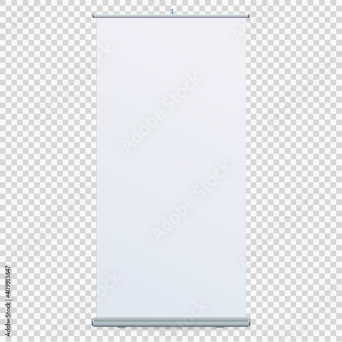 Roll Up Banner Stand on isolated clean background. Design template blank pop up banner display template for designers. Vector illustration EPS 10. Flipchart for training or promotional presentation