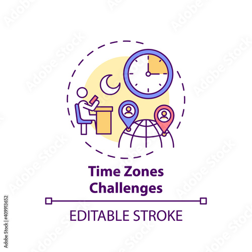 Time zones challenges concept icon. Online english teaching challenges. Get on with new place of living idea thin line illustration. Vector isolated outline RGB color drawing. Editable stroke