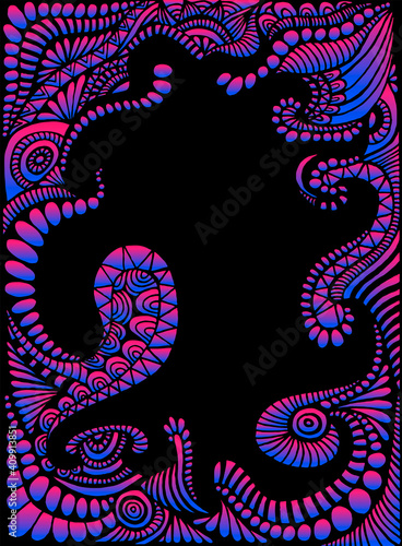 Fantastic psychedelic variegated bright ornamental frame with place for text, neon pink blue gradient color pattern, isolated on black