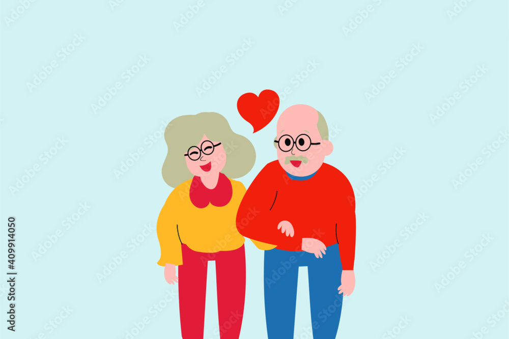 Flat design character of elderly married couple. cute husband and wife love and hold hands to each other. Family support , medical care of mature people concept. Insurance of old people. Vector 