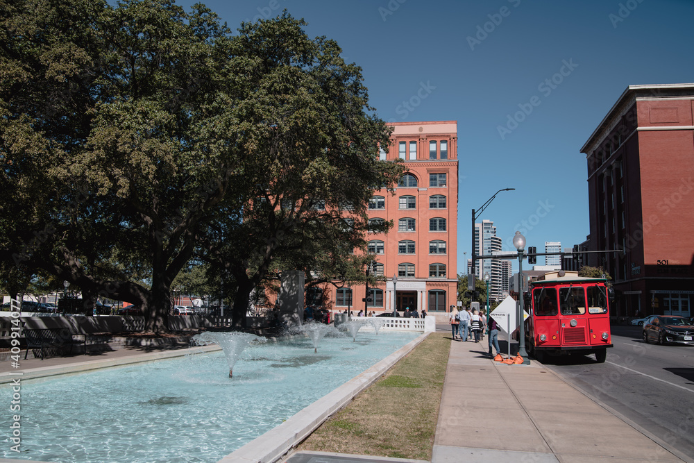 DALLAS, TEXAS USA - October 25, 2017:the central part of the city, people get off the red retro bus