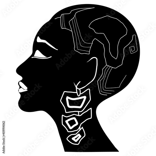 Elegant silhouette of bald or short haired female head and face. White and black style. Vector illiustration